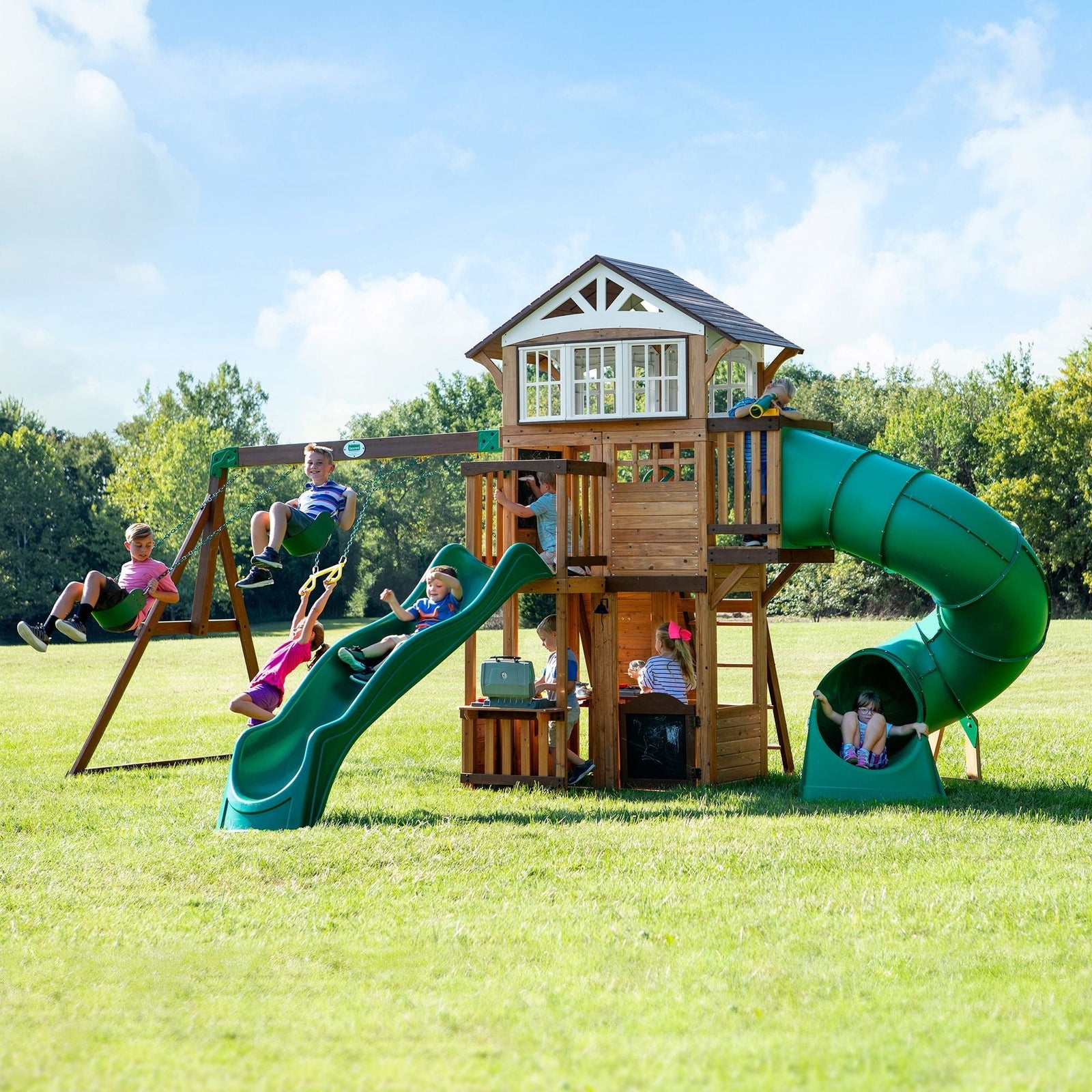 Discovery Kids' Bristol Point Cedar Wood Swing Set with Swing Beam, Upper & Lower Fort, Rock Wall & Slide Play for up to 11 Kids T4A4 - product image 1
