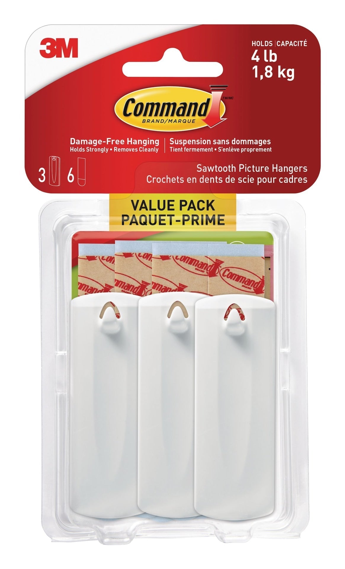 Adhesive Sawtooth Picture Hanging Hooks with Adhesive Strips, White, 4-lbs, 3 Strips per Pack A7I9 - product image 1