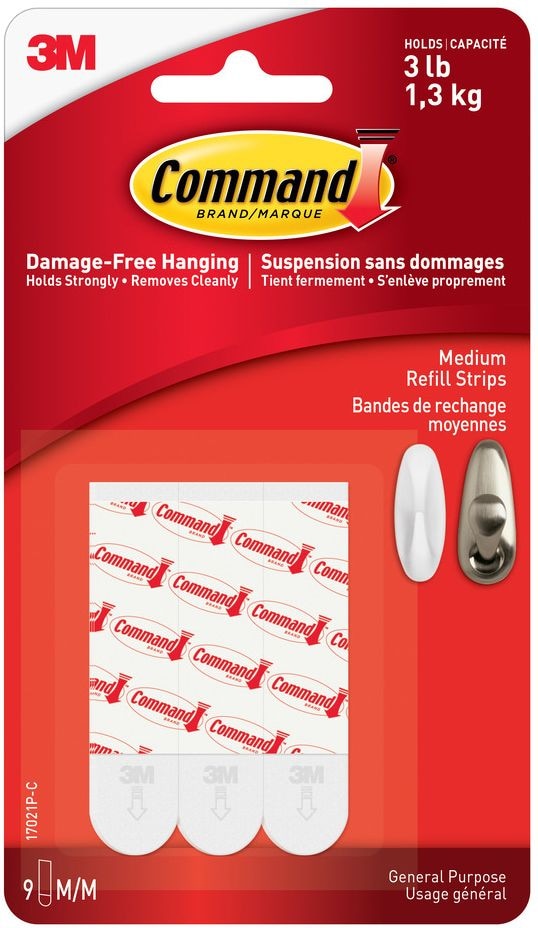 Medium General Purpose Refill Strips for Adhesive Hooks, White, 3-lbs, 9 Strips per Pack H9P4 - product image 1