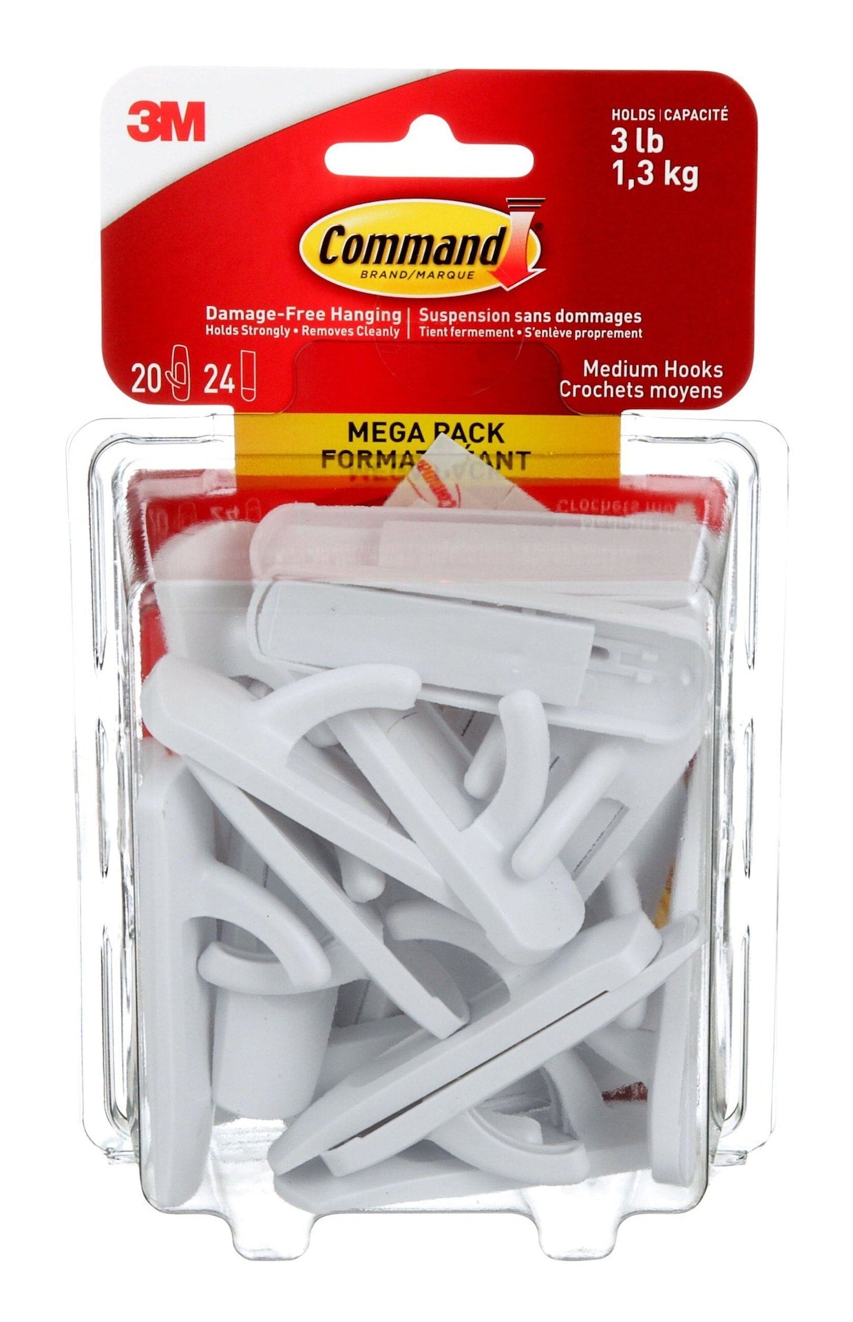 Medium Hooks Mega Pack with Adhesive Strips, White, 3-lbs, 20 Hooks/Pack G9Y2 - product image 1