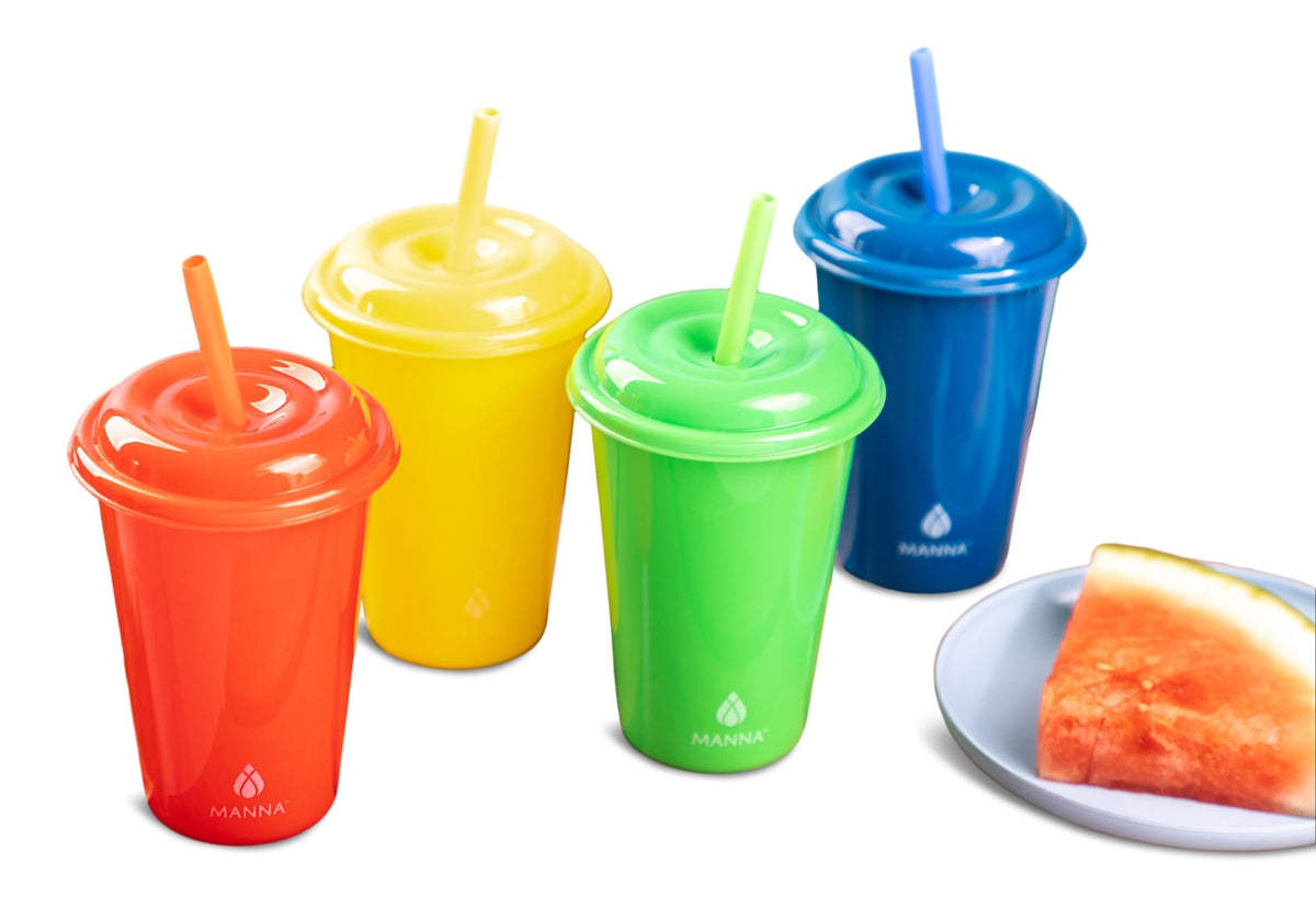 Home Plastic Kids Cups with Straws & Lids, 4-pc, Assorted Colours I6B6 - product image 1