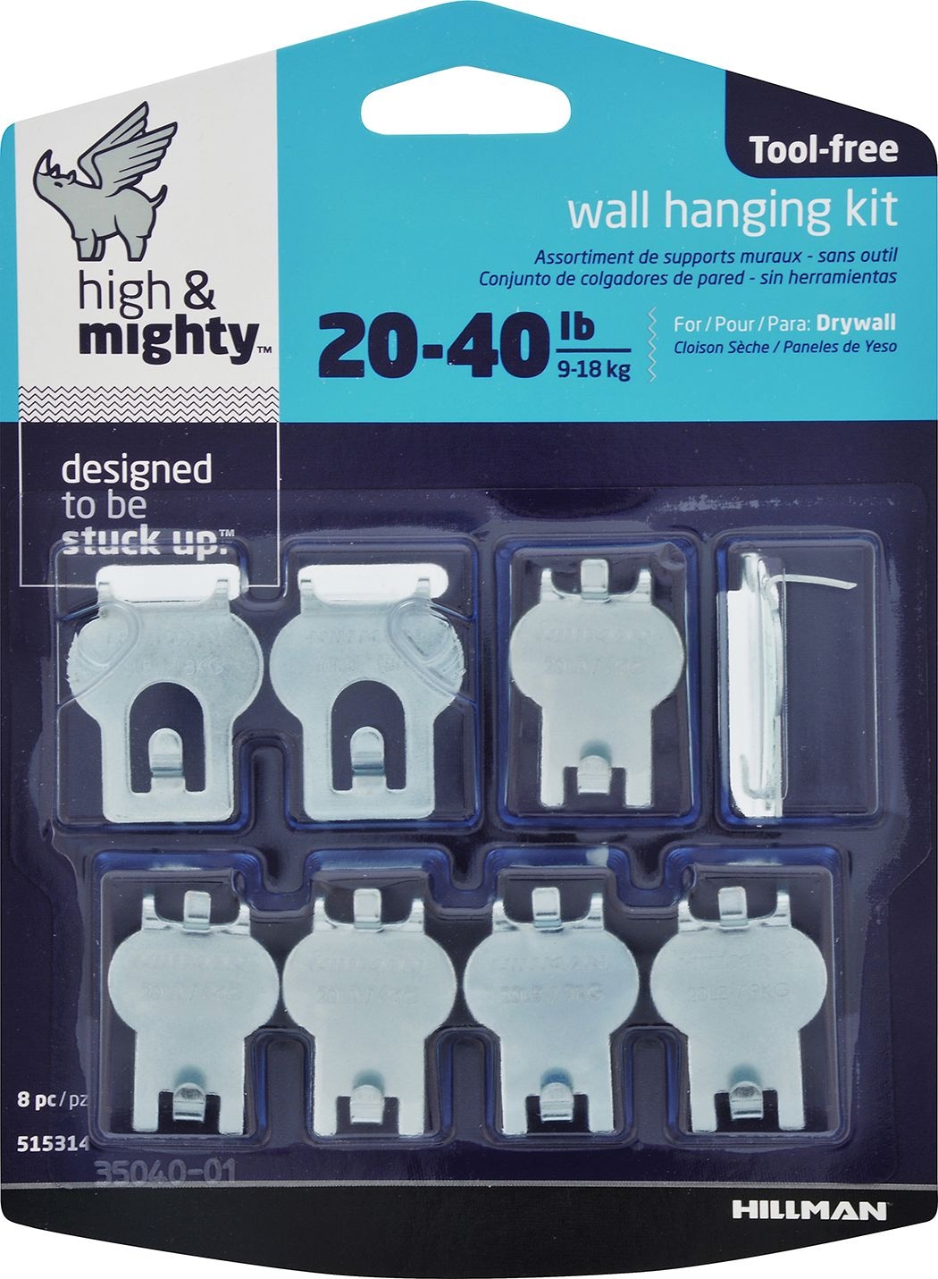 High & Mighty DrywAll Hanger, For Hanging Frames, No Tools Required, 40-lb Capacity, Silver, 8-pk M3R7 - product image 1