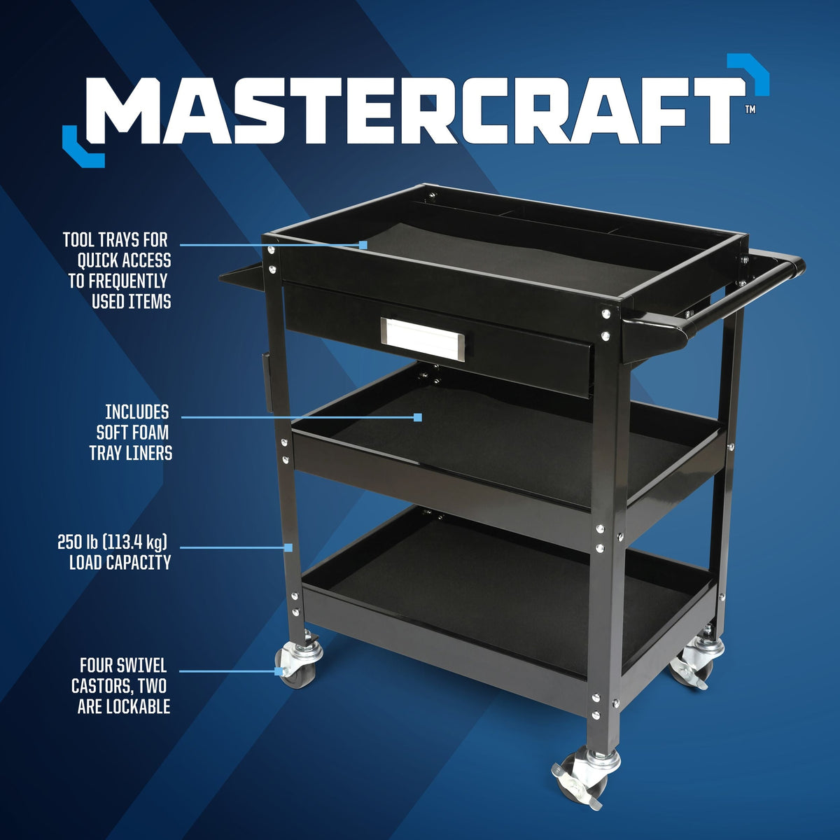 3-Tier Work Cart with Swivel Casters, 250-lb Z1W8 - product image 2