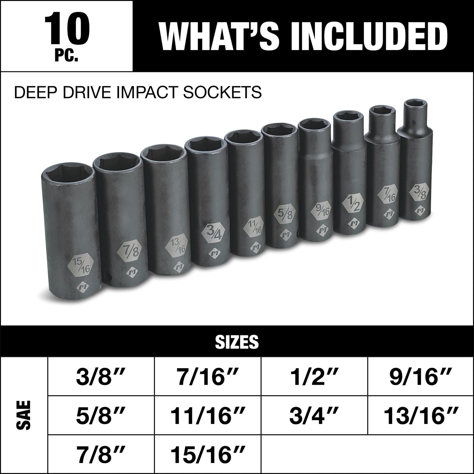 1/2-in Drive Deep Impact Socket Set, SAE, 10-pc U2X8 - product image 4