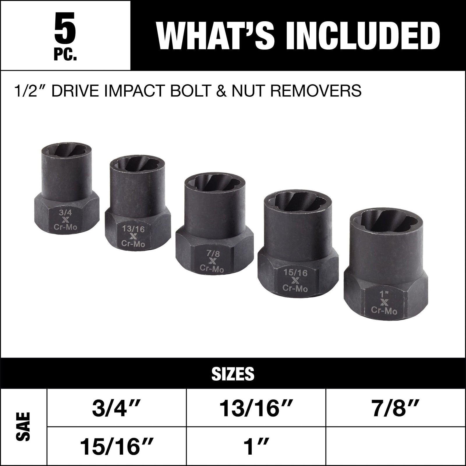 1/2-in Drive Impact Bolt & Nut Remover Set, 5-pc M6M3 - product image 3