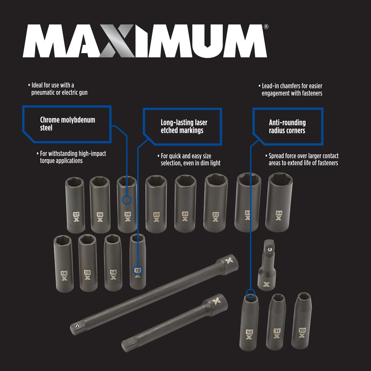 1/2-in Drive Professional Grade Impact Sockets Set, 18-pc, Metric P4G5 - product image 8