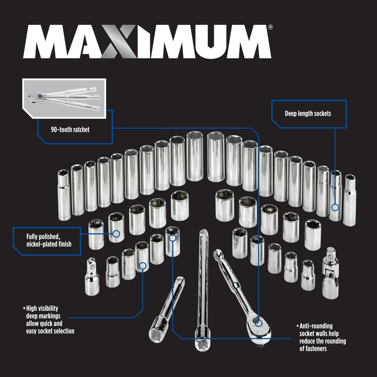 1/2-in Drive Professional Grade Socket Set, 45-pc, SAE/Metric, CRV, Nickel-Chrome Plating B9E0 - product image 3