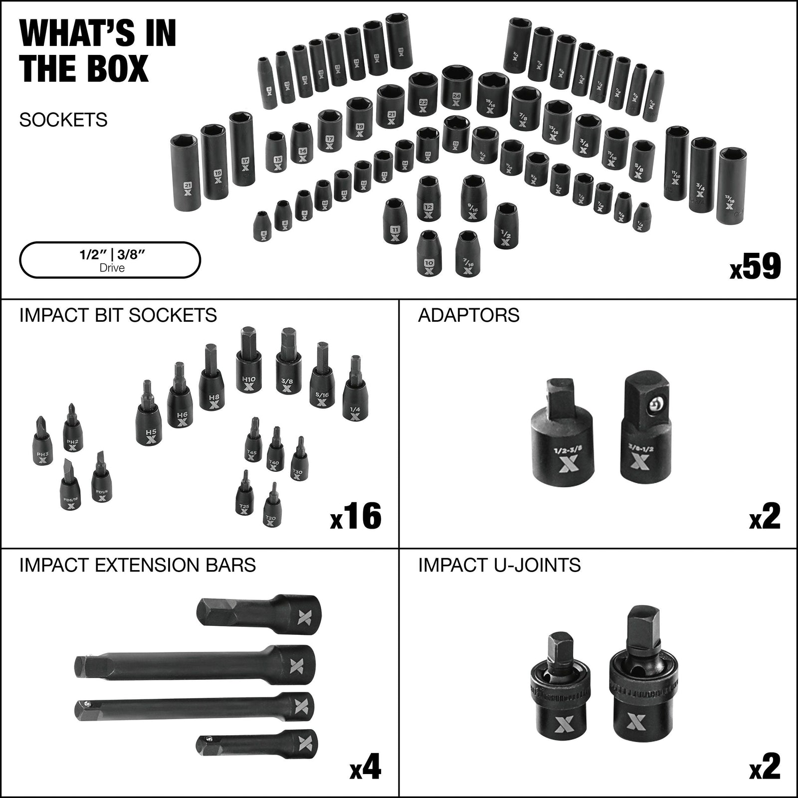 3/8-in & 1/2-in Drive Professional Grade Impact Socket Set, 83-pc, CRMO U0M8 - product image 4