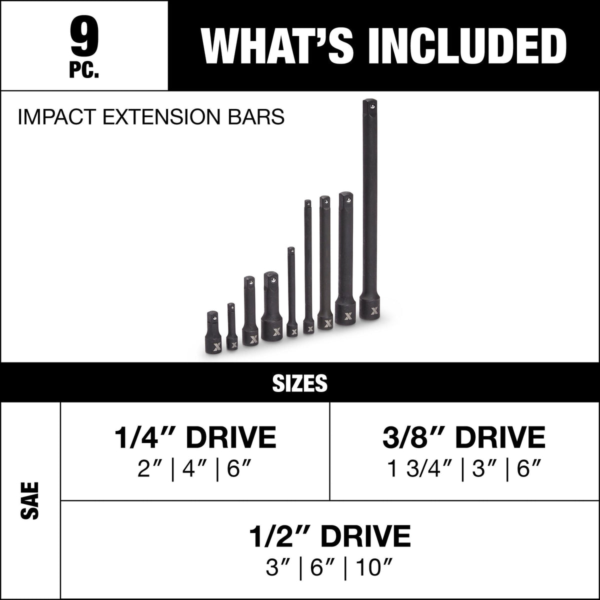 Impact Extension Bar Set, 9-pc, SAE/Metric, CRMO X5W9 - product image 3
