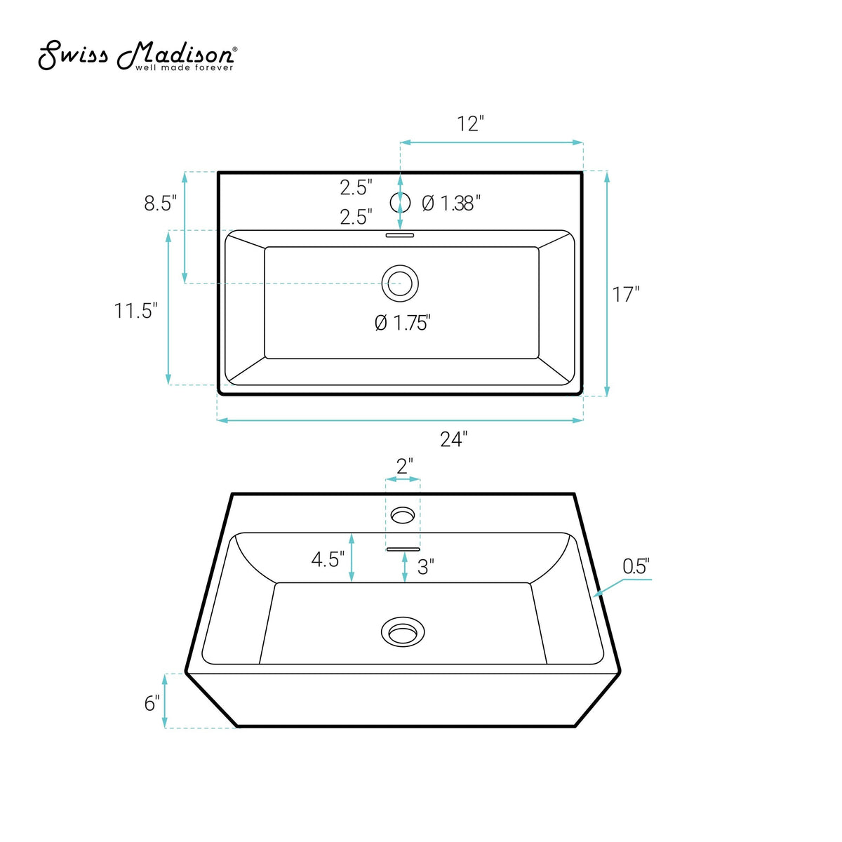 Claire Rectangle Wall-Mount Bathroom Sink, 24-in U5R0 - product image 7