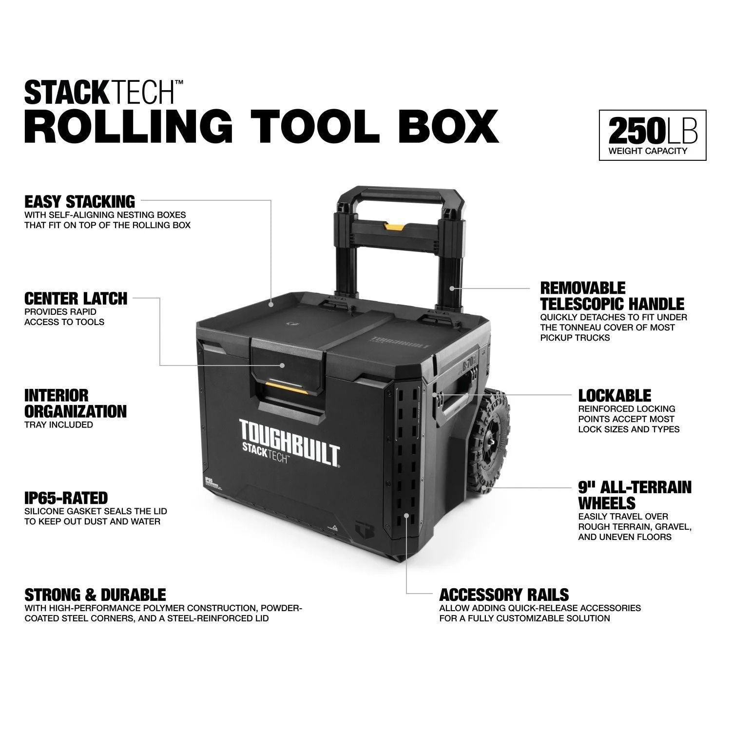 StackTech Portable Modular Plastic/Metal Rolling Tool Box with Handle and Inner Tray, IP65-Rated, Black G2S3 - product image 3