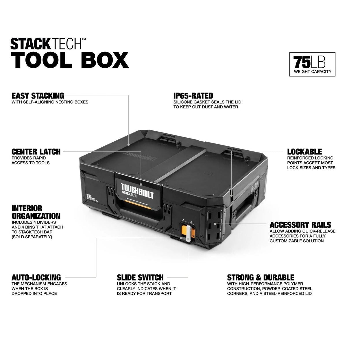 StackTech Top Portable Modular Plastic/Metal Tool Box with 4 Dividers and 4 Bins, IP65-Rated, Black T7H3 - product image 2