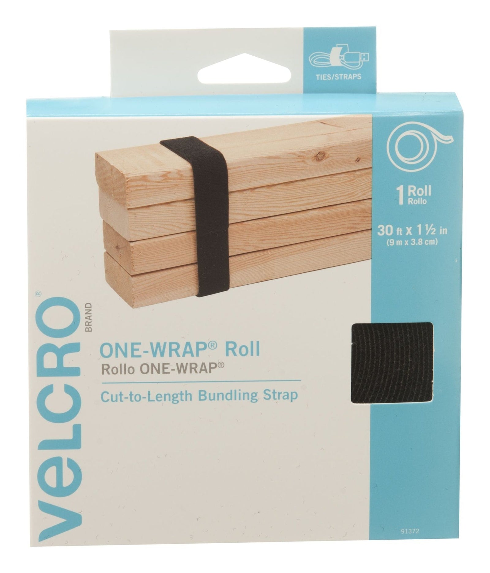 ONE-WRAP Adjustable Reusable Hook and Loop Strap, Black Roll, 30-ft x 1-1/2-in, 1-pk X0S2 - product image 1