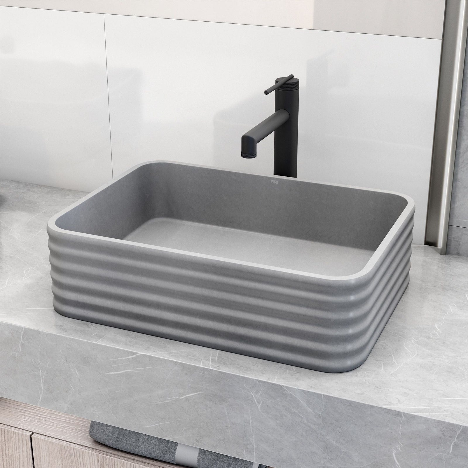 Cadman ConcretoStone 18-in Deep Grey Bathroom Sink/Basin with Rectangular Fluted Vessel I2R3 - product image 6