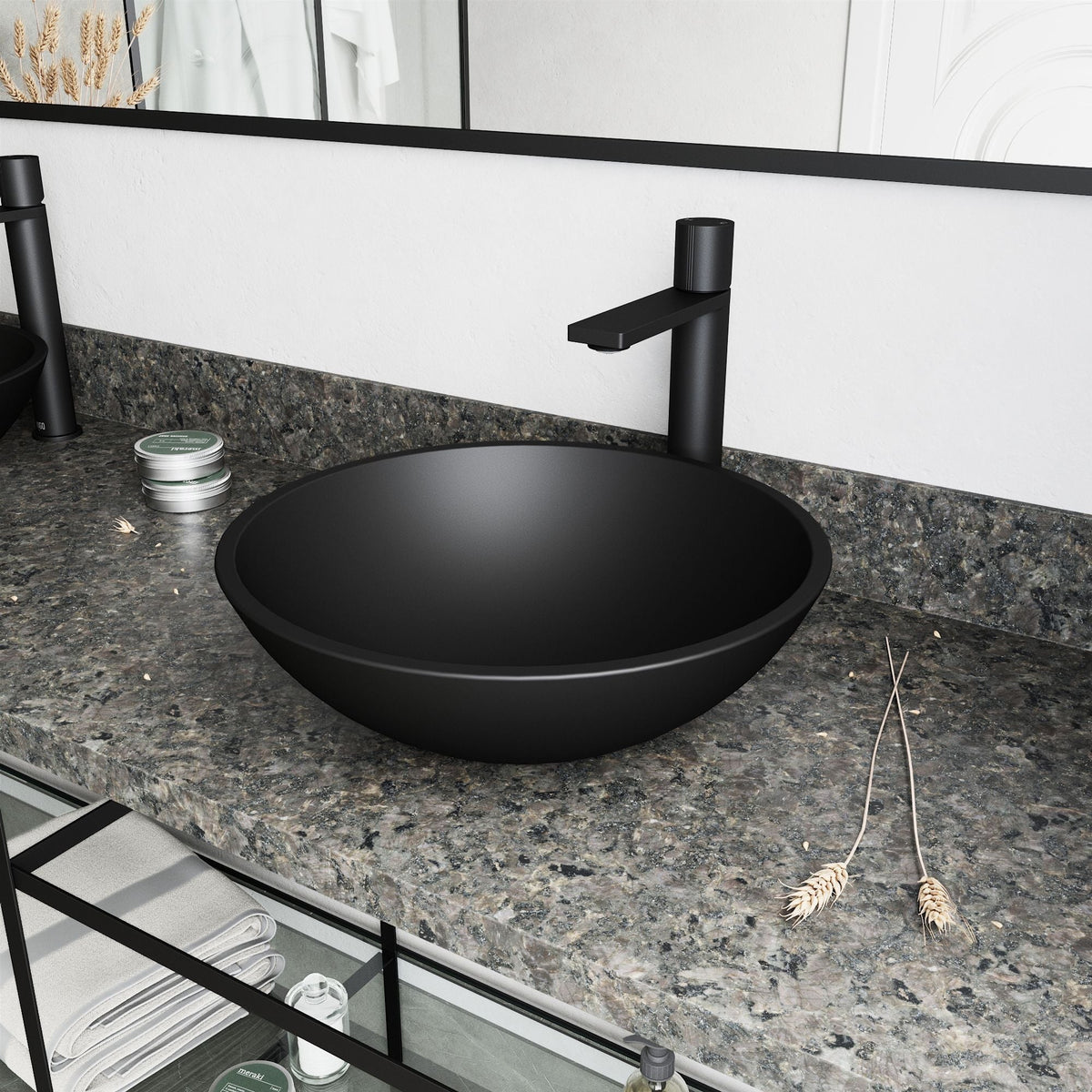 Cavalli MatteShell Matte Black Bathroom Sink/Basin Set with Gotham Faucet and Round Glass Vessel G7N1 - product image 8