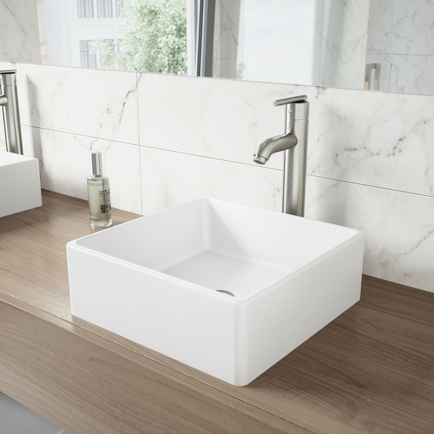 Dianthus Matte Stone Square Vessel Bathroom Sink, Above-Counter Installation, White W3P6 - product image 6