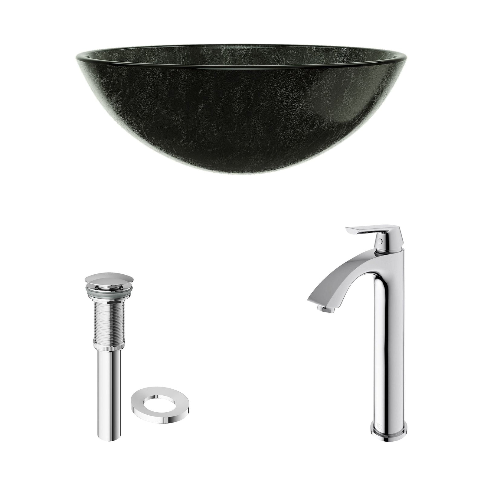 Glass Grey Onyx Bathroom Sink/Basin Set with Linus Faucet and Round Vessel X0X2 - product image 2