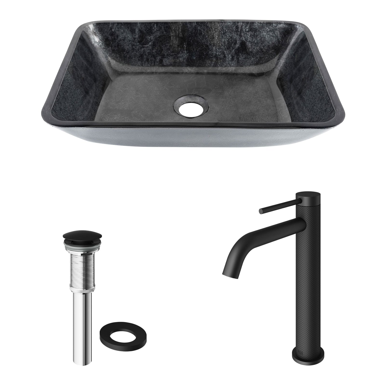 Glass Grey Onyx Bathroom Sink/Basin Set with Matte Black Lexington Faucet and Rectangular Vessel I7D0 - product image 2