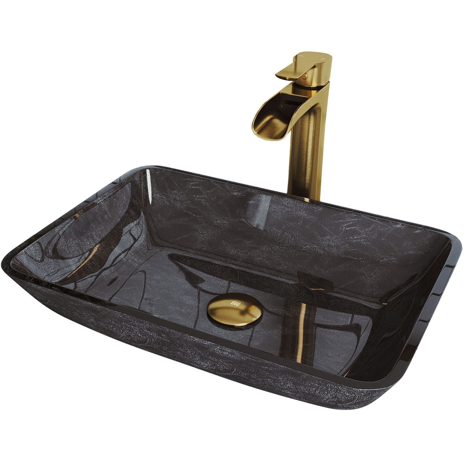 Glass Grey Onyx Bathroom Sink/Basin Set with Matte Gold Niko Faucet and Rectangular Vessel X1B1 - product image 1