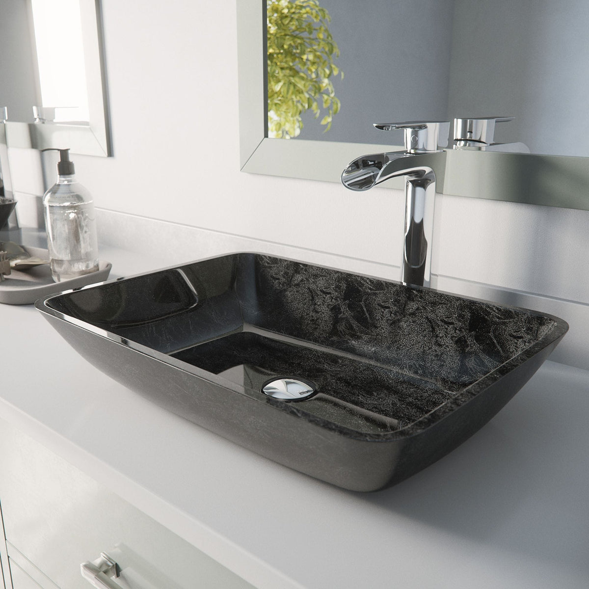 Glass Grey Onyx Bathroom Sink/Basin Set with Niko Faucet and Rectangular Vessel B3M7 - product image 8