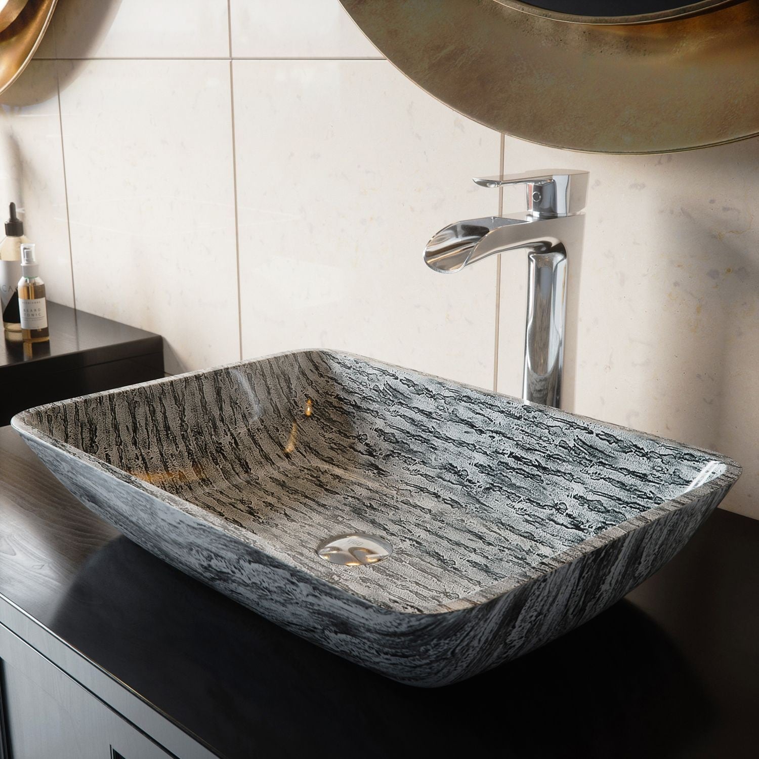 Glass Rectangular Vessel Bathroom Sink/Basin with Rounded Edges & Deep Bowl, Titanium V0L1 - product image 6
