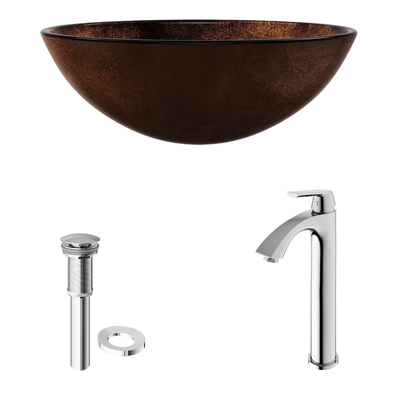 Glass Russet Brown Bathroom Sink/Basin Set with Linus Faucet and Round Vessel J6O6 - product image 2
