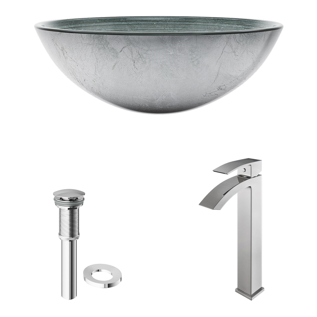 Glass Simply Silver Bathroom Sink/Basin Set with Chrome Duris Faucet and Round Vessel M4S3 - product image 2
