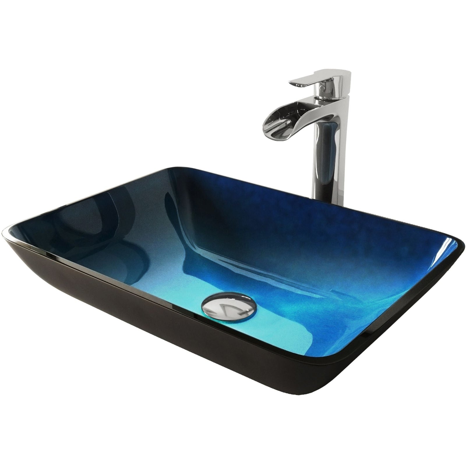 Glass Turquoise Water Bathroom Sink/Basin Set with Niko Faucet and Rectangular Vessel N4U4 - product image 1