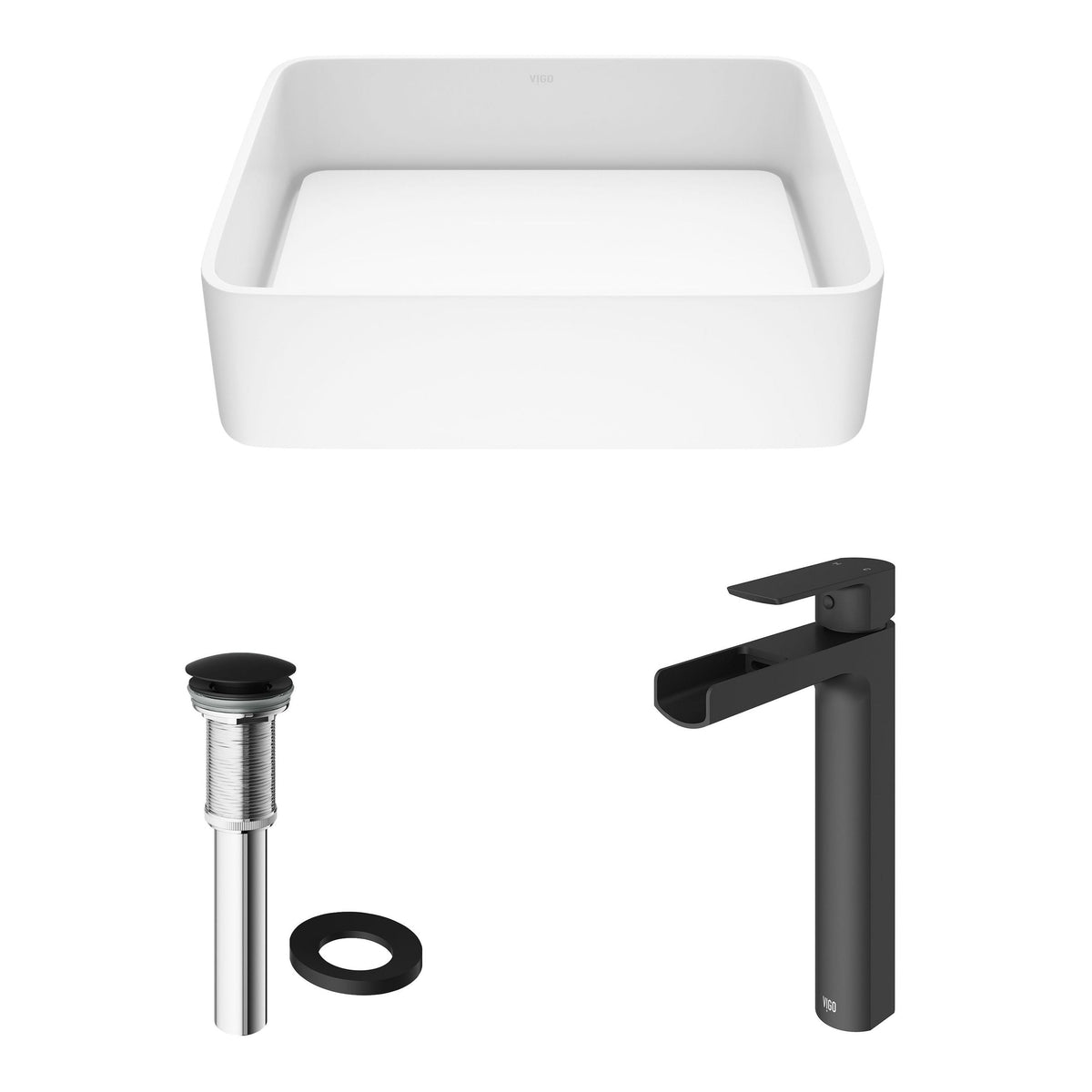 Jasmine MatteStone White Bathroom Sink/Basin Set with Amada Faucet and Rectangular Composite Vessel D8O0 - product image 2