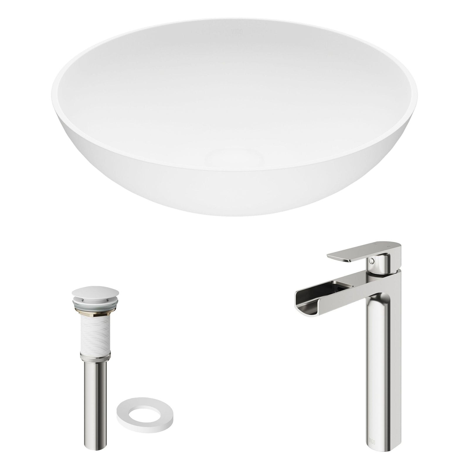 Lotus MatteStone Round White Composite Bathroom Sink/Basin Set with Amada Faucet and Pop-Up Drain O0A9 - product image 2