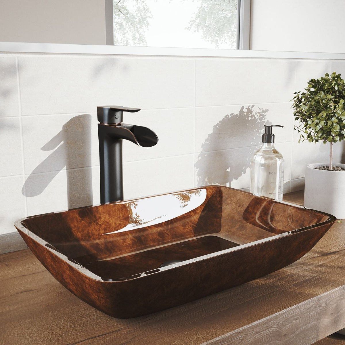 Russet Glass 18-in Red/Brown Bathroom Sink/Basin Set with Niko Faucet and Rectangular Vessel N1C7 - product image 7