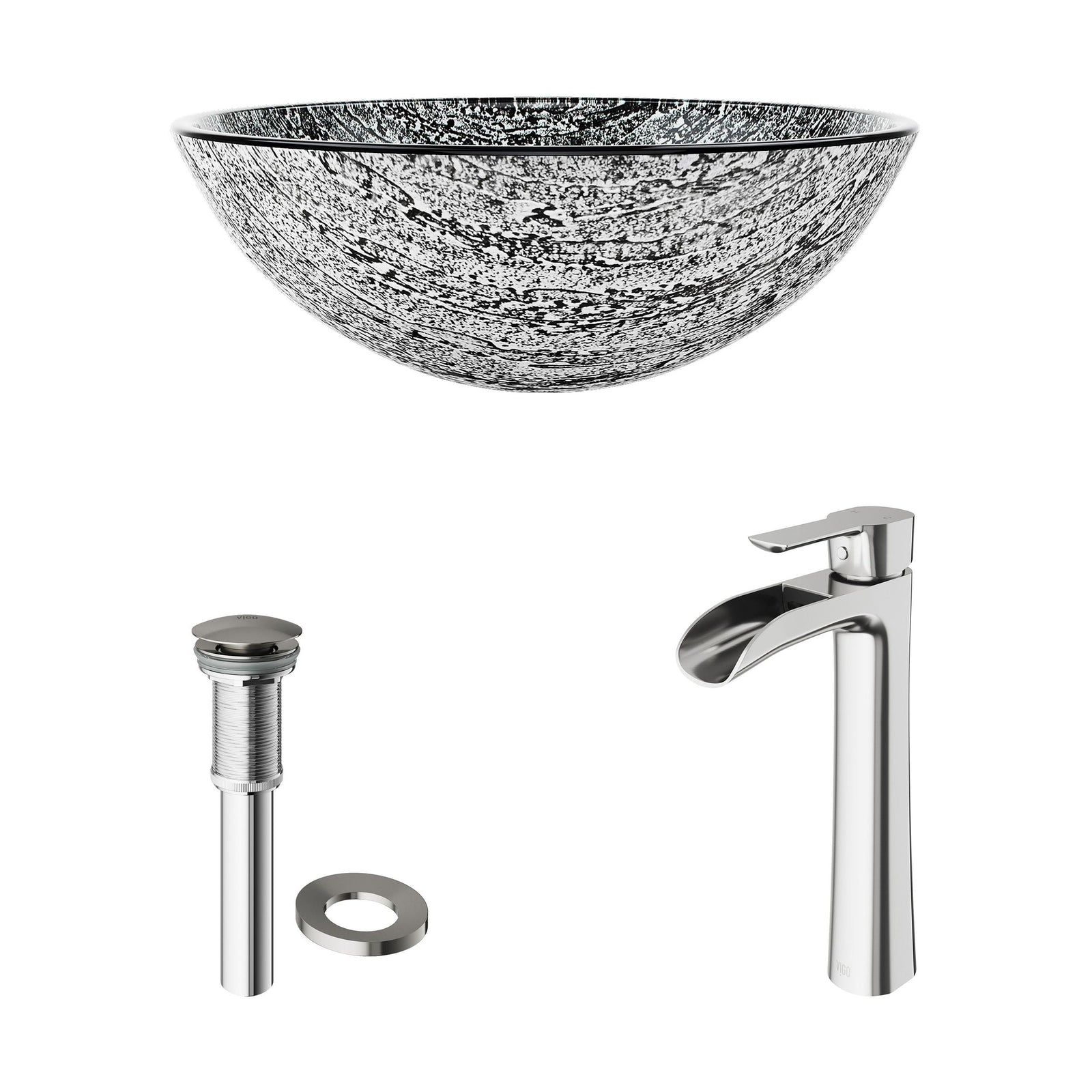 Titanium Glass Slate Grey Bathroom Sink/Basin Set with Niko Faucet and Round Vessel V6S1 - product image 2
