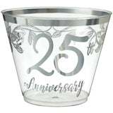 "25th Anniversary" Bordered Trimmed Plastic Reusable Tumbler Cups, Clear/Silver, 9-oz, 30-pk, for Anniversary Party Z5V3 - product image 1