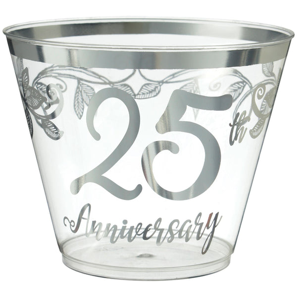 "25th Anniversary" Bordered Trimmed Plastic Reusable Tumbler Cups, Clear/Silver, 9-oz, 30-pk, for Anniversary Party Z5V3