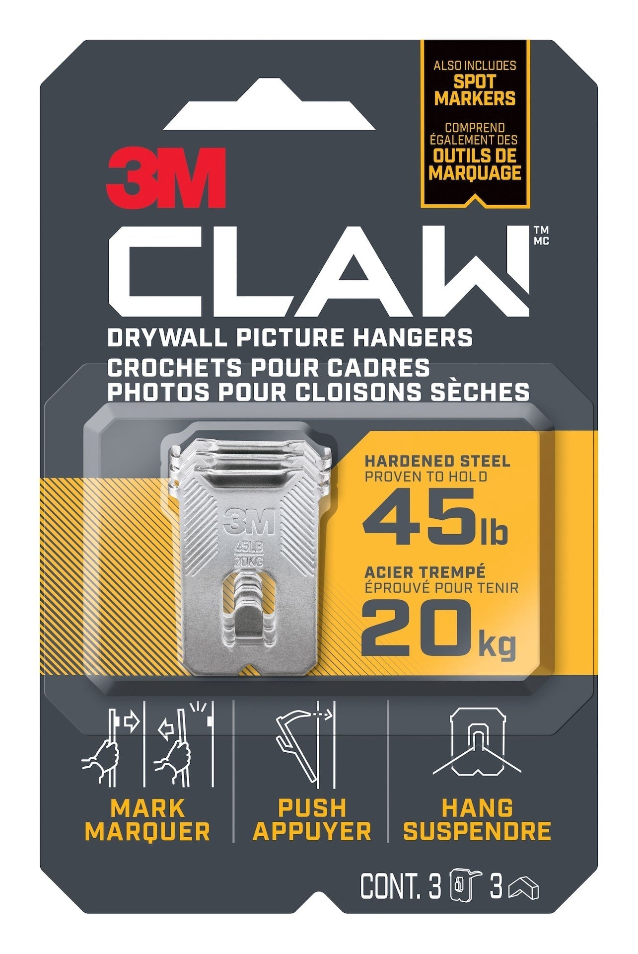 3M Claw DrywAll Picture Hanger, 45-lb Capacity, 3 Hangers per Pack L6O8 - product image 1