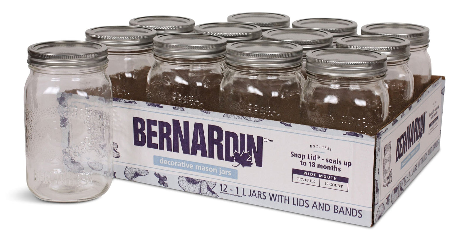 Decorative Glass Mason Jars with Snap Lids, 1 L, 12 Count U3G7 - product image 1