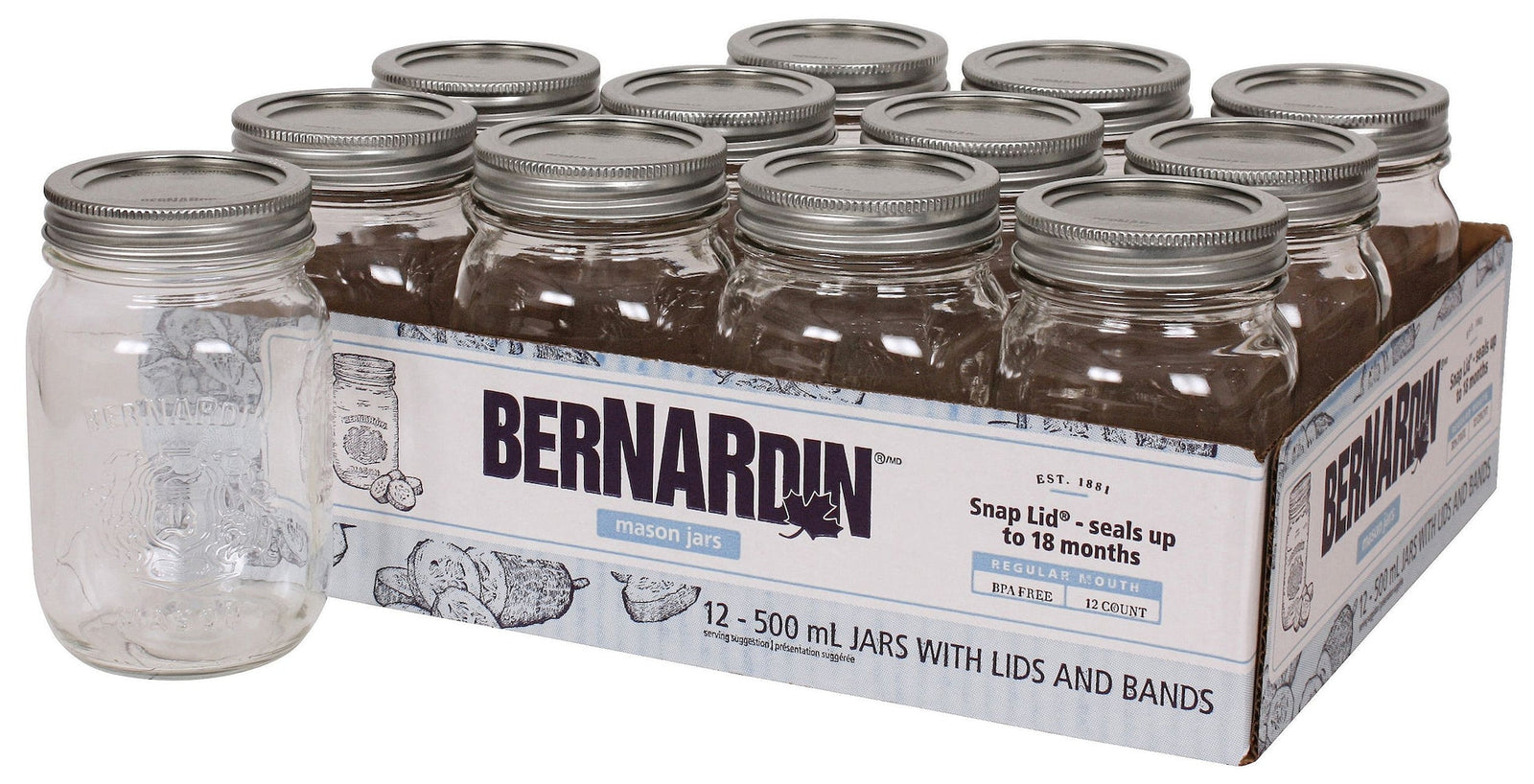 Regular Mouth Glass Mason Jars with Snap Lids, 500 mL, 12 Count G6Z6 - product image 1