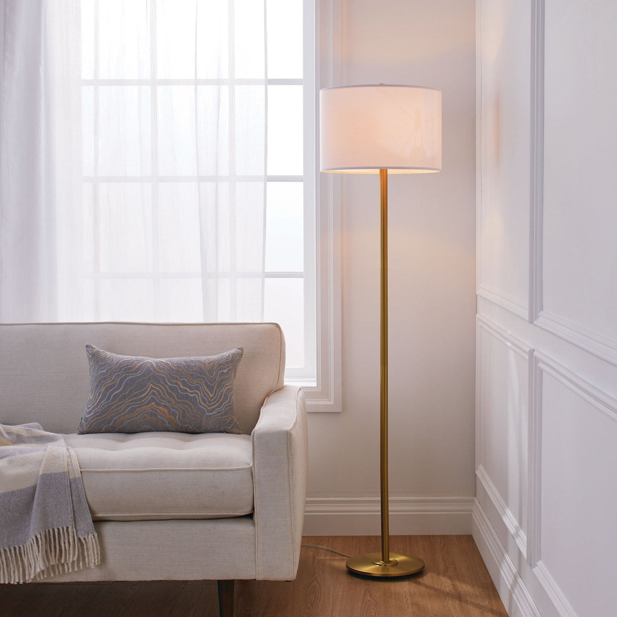 White Drum Shade Floor Lamp, 16-in, Metallic Gold/Matte Brass B2E3 - product image 5