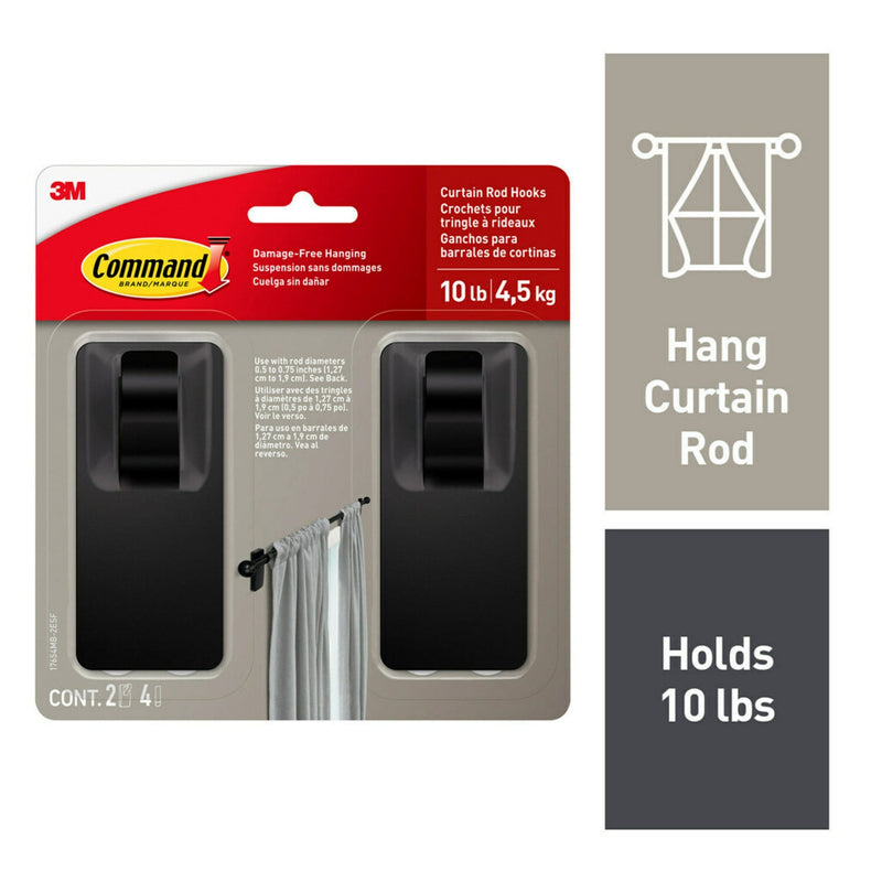 2-Piece 10-lb Matte Black Damage Free Curtain Rod Hooks F9Y0
