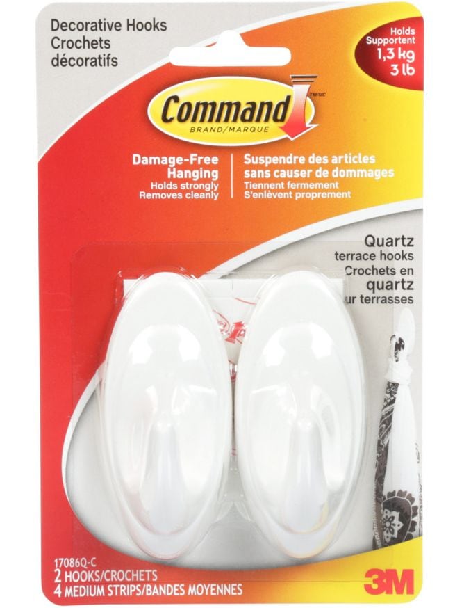 Decorative Quartz Terrace Hooks with Adhesive Strips, White, 3-lbs, 2 Strips per Pack M5Z8 - product image 1