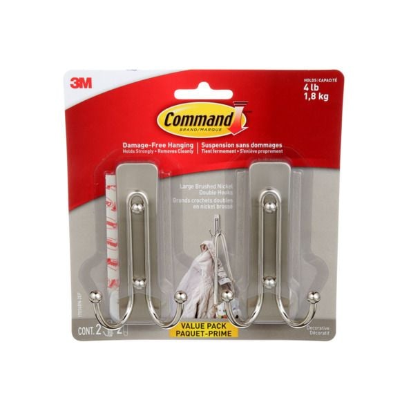Large Decorative Double Hooks Value Pack with Adhesive Strips, Brushed Nickel, 4-lbs, 2 Strips per Pack P6U6