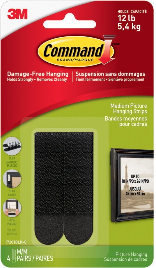 Medium Adhesive Picture Hanging Strips, Black, 12-lbs, 4 Strips Per Pack K1V7 - product image 1