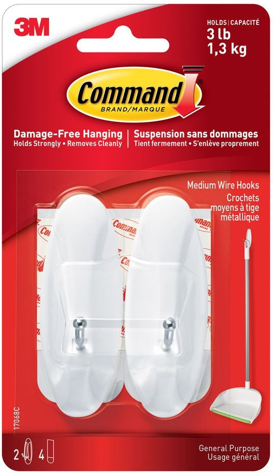 Medium General Purpose Wire Hooks with Adhesive Strips, White, 3-lbs, 2 Strips Per Pack S2O8 - product image 1