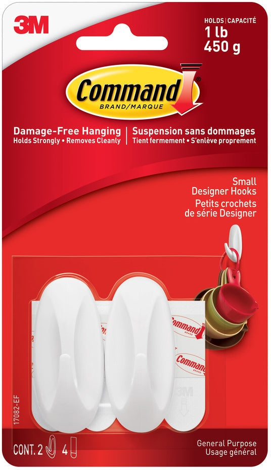 Small Designer Hooks with Adhesive Strips, White, 1-lb, 2 Strips per Pack Y4C4 - product image 1
