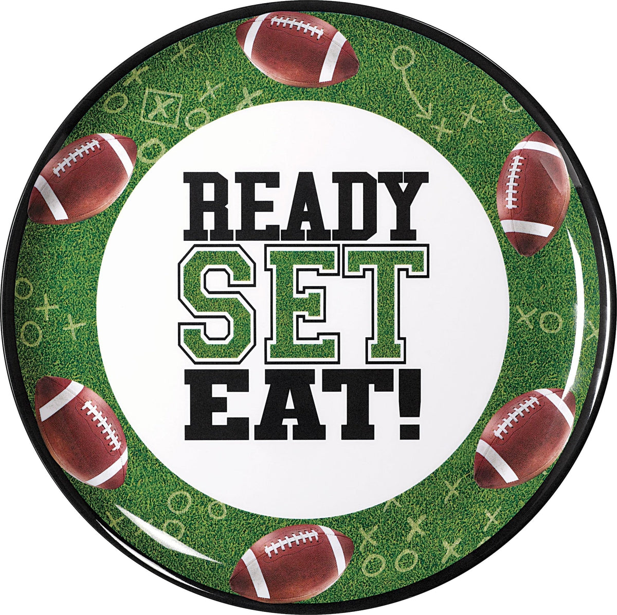 "Ready Set Eat" Round Plastic Melamine Reusable Serving Platter, Green, 13.5-in, for Sports Party W3W7 - product image 1