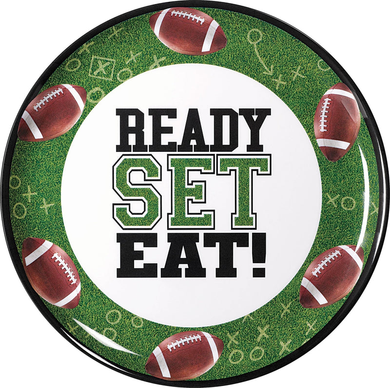 "Ready Set Eat" Round Plastic Melamine Reusable Serving Platter, Green, 13.5-in, for Sports Party W3W7