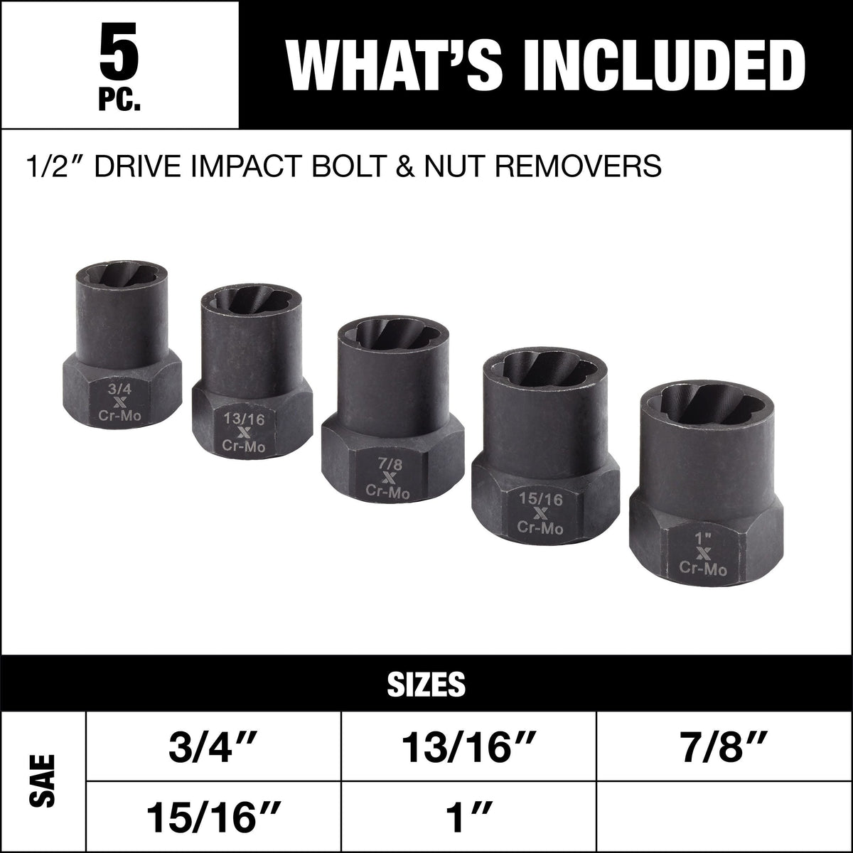 1/2-in Drive Impact Bolt & Nut Remover Set, 5-pc M6M3 - product image 3