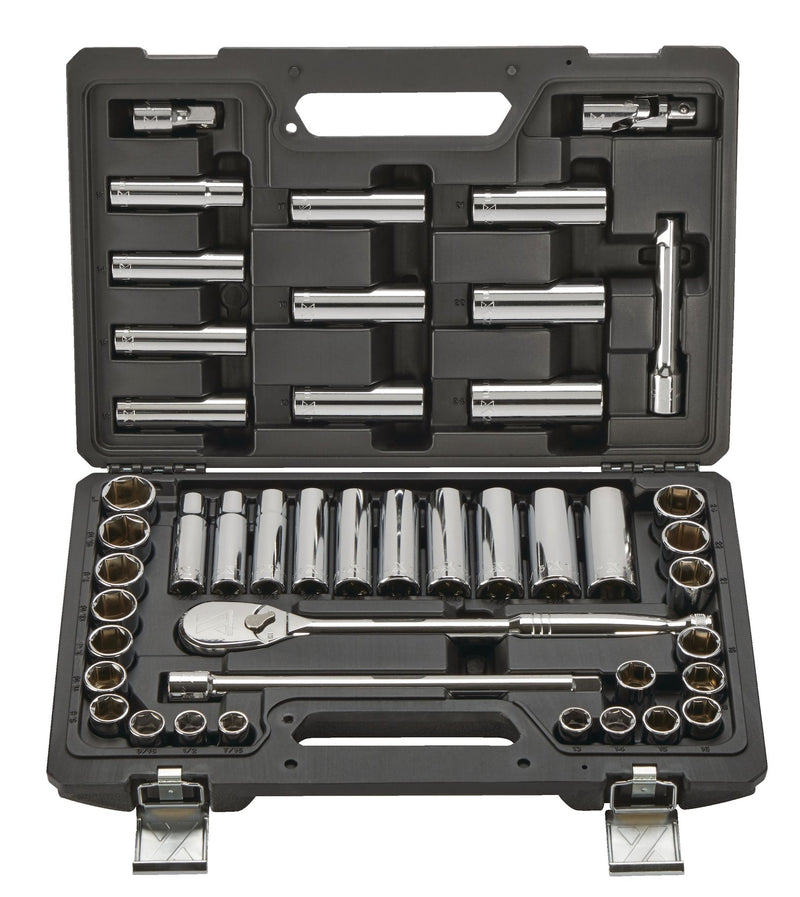 1/2-in Drive Professional Grade Socket Set, 45-pc, SAE/Metric, CRV, Nickel-Chrome Plating B9E0