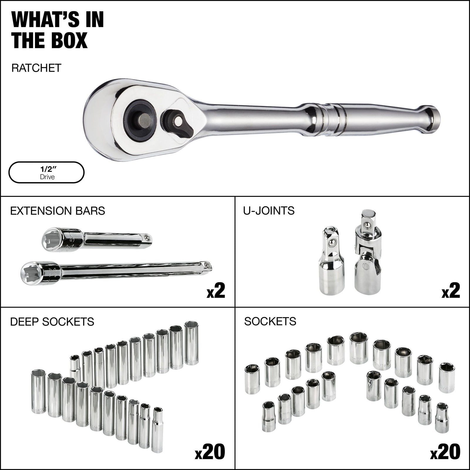1/2-in Drive Professional Grade Socket Set, 45-pc, SAE/Metric, CRV, Nickel-Chrome Plating B9E0 - product image 2