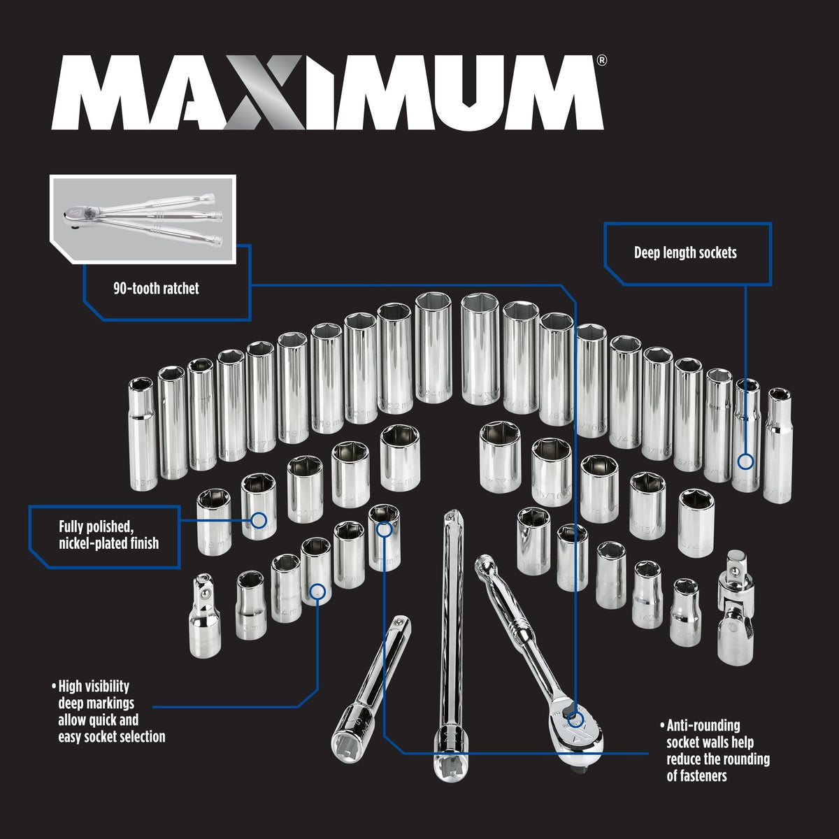 1/2-in Drive Professional Grade Socket Set, 45-pc, SAE/Metric, CRV, Nickel-Chrome Plating B9E0 - product image 3